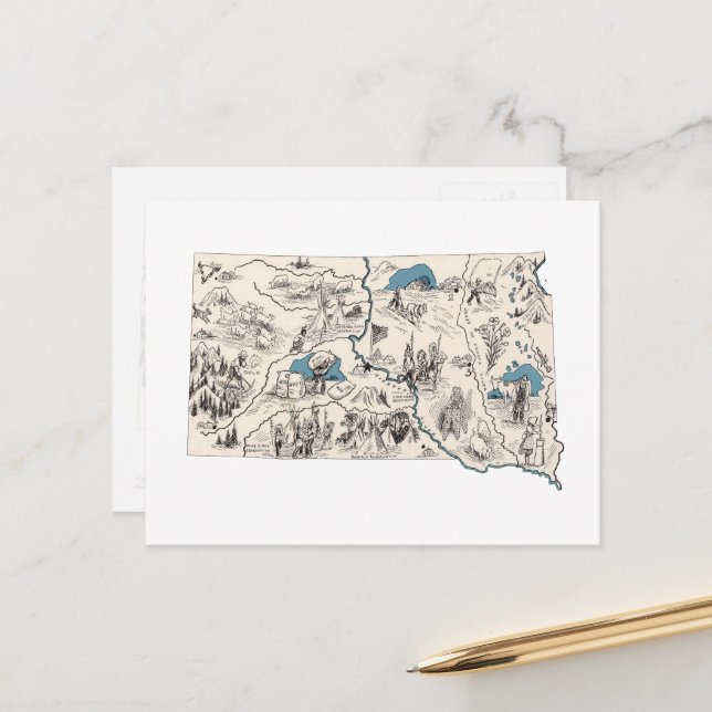 Cartão Postal Gráfico Antiquado de Mapa de Imagens do Dakota do  (Frente/Verso In Situ)