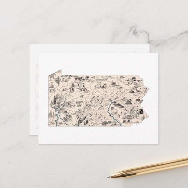 Cartão Postal Gráfico Antiquado de Mapa de Imagens do Pensilvâni (Frente/Verso In Situ)