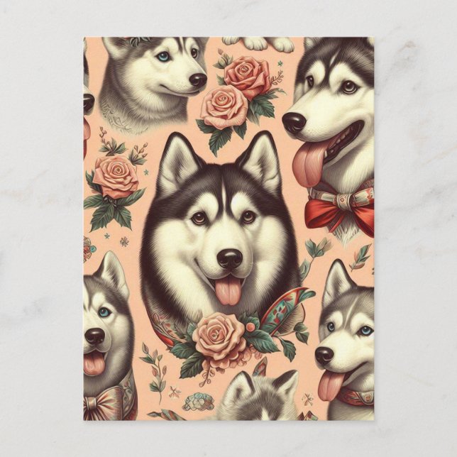 Cartão Postal Gráfico de Cute Vintage Siberian Husky (Frente)