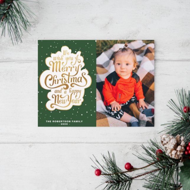 Cartão Postal gráfico dourado festas de natal verde (Criador carregado)