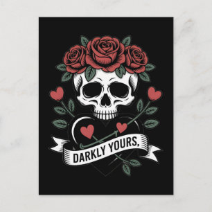 Cartão Postal Gráfico Sombriamente Seu: Caveira Gótica com Rosas