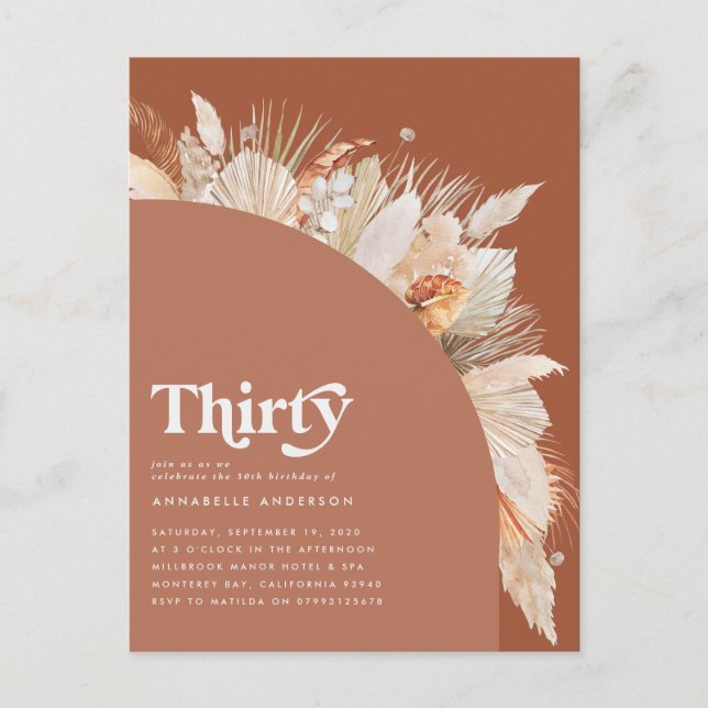 Cartão Postal Grama de pampas moderna para aniversário de 30 ano (Frente)