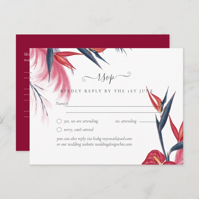 Cartão Postal Grama Tropical dos Pampas Casamento Navy Berry (Frente/Verso)