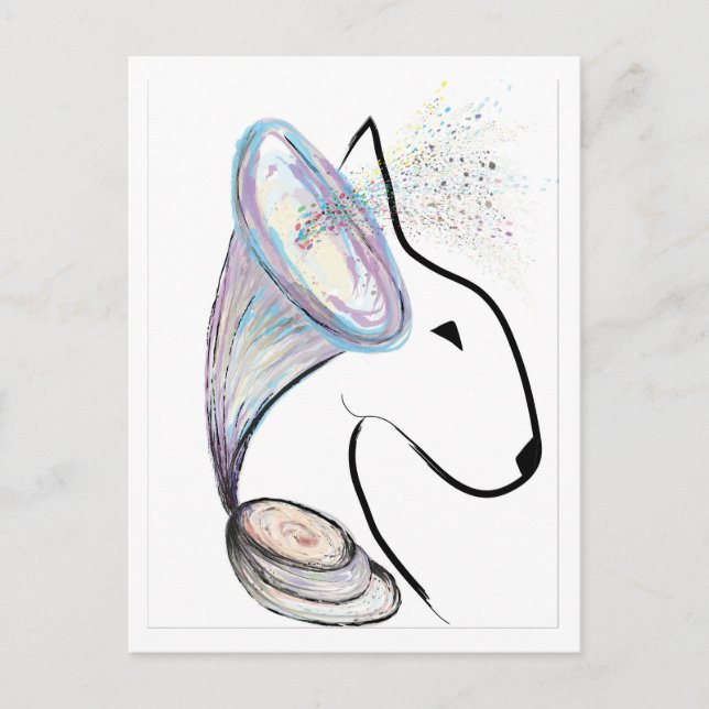 Cartão Postal Gramophone Bull Terrier Music Surreal pet art (Frente)