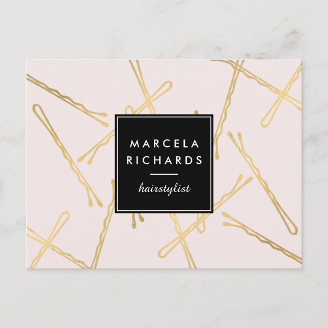 Cartão Postal Grampo Chic de Ouro Rosa Estilista de Cabelo Salão (Frente)