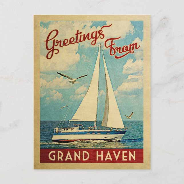 Cartão Postal Grand Haven Sailboat Vintage Travel Michigan (Frente)