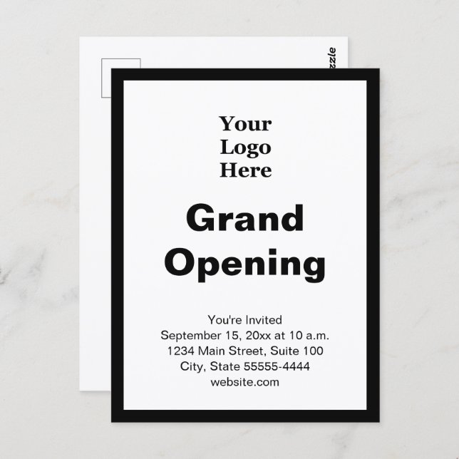 Cartão Postal Grand Opening Business Logo Black White Invitation (Frente/Verso)
