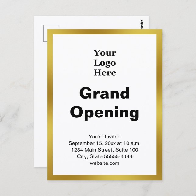 Cartão Postal Grand Opening Business Logo Gold White Invitation (Frente/Verso)