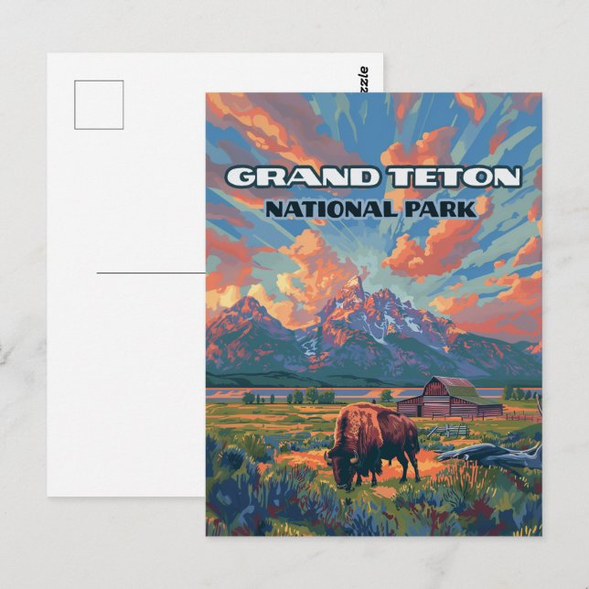 Cartão Postal Grand Teton National Park Mounties Bison Wyoming (Frente/Verso)