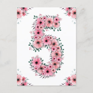Cartão Postal Grande 5º Aniversário Flores Rosa Menina Folhagem
