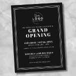 Cartão Postal Grande abertura comercial simples de logotipo<br><div class="desc">Um convite preto e branco elegante e minimalista, projetado para uma grande abertura de negócios, lançamento de produtos ou evento de marca. O layout apresenta um fundo preto com tipografia serif clássica branca, combinando estilos de fonte simples e desajeitados para uma aparência limpa e profissional. Um simples quadro de linha...</div>
