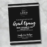 Cartão Postal Grande abertura de negócio de logotipo<br><div class="desc">Um convite divertido, mas simples, preto e branco para uma grande abertura de negócios ou um evento de marca ou lançamento de produtos. Adicione o seu próprio logotipo ao topo para lhe dar a sua marca. Você pode mudar todo o texto e fundo para qualquer cor, e pode até mudar...</div>