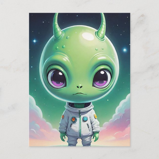 Cartão Postal Grande alienígena verde com chifres (Frente)