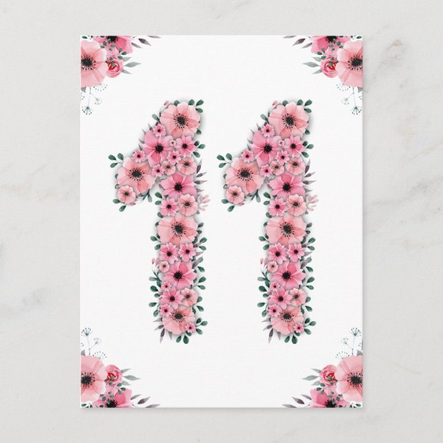 Cartão Postal Grande Aniversário de 11 anos Flores Rosa Menina F (Frente)