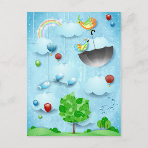 Cartão Postal Grande árvore e aves voadoras