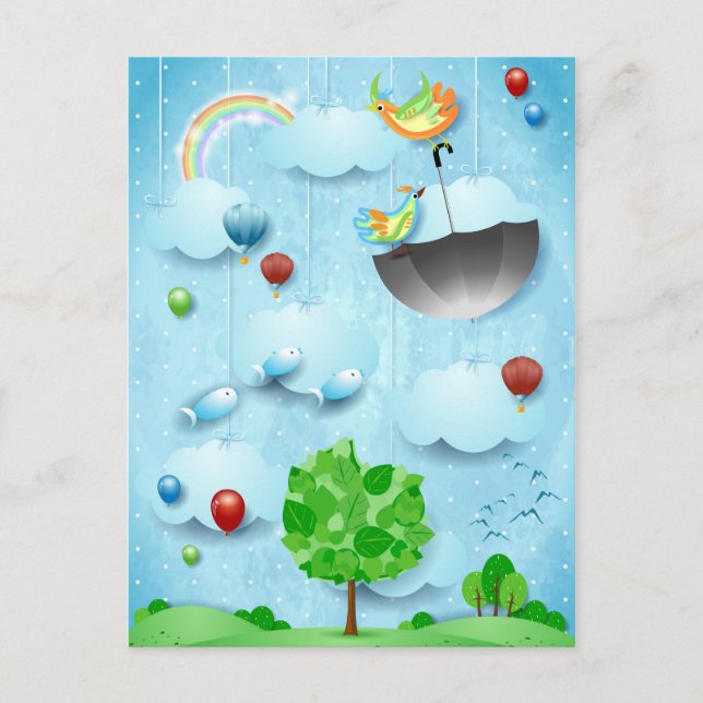 Cartão Postal Grande árvore e aves voadoras (Frente)
