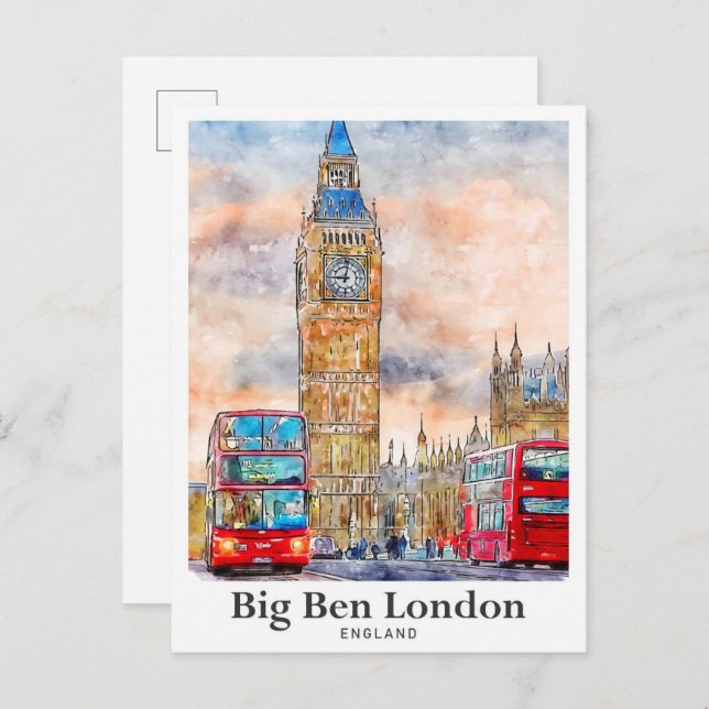 Cartão Postal Grande Ben London Watercolor Sketch Hand Drawn (Frente/Verso)