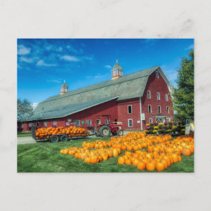 Cartão Postal Grande Celeiro Vermelho de Vermont com Abóboras