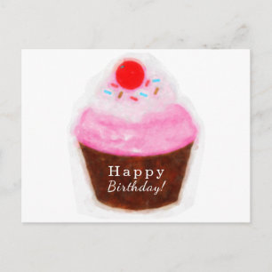 Cartão Postal Grande Cupcake & Cereja Aquarela Feliz Aniversário