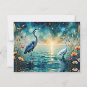 Cartão Postal Grande garça azul e flores de garça na água