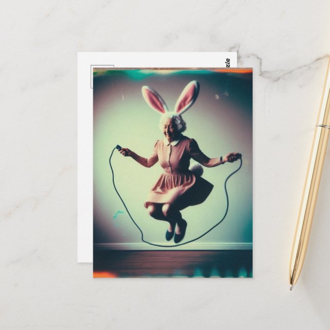 Cartão Postal Granny Easter Bunny Jumping Rope (Frente/Verso In Situ)