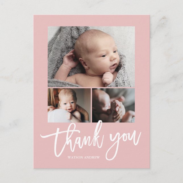 Cartão Postal Gratidão Simples Moderna de 3 Fotos de Bebê em Col (Frente)