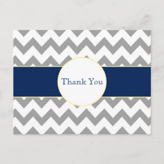 Cartão Postal Gray and Navy Chevron Striped Thank You Postcard