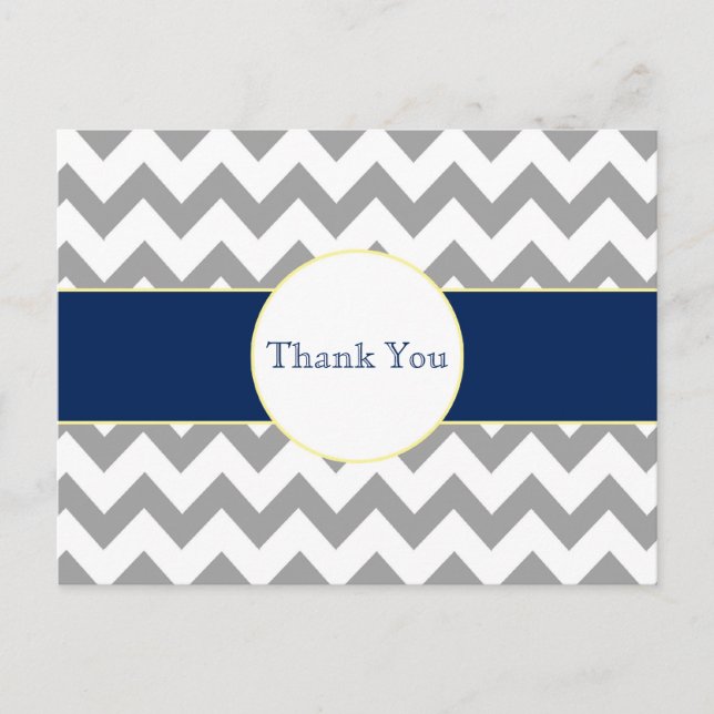 Cartão Postal Gray and Navy Chevron Striped Thank You Postcard (Frente)