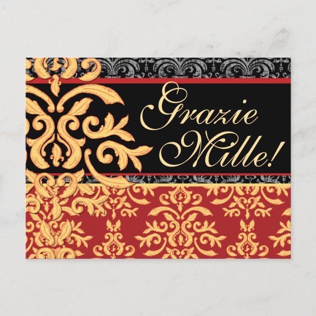 Cartão Postal Grazie Mille Gilded Damask Italiano Obrigado Cartõ (Frente)