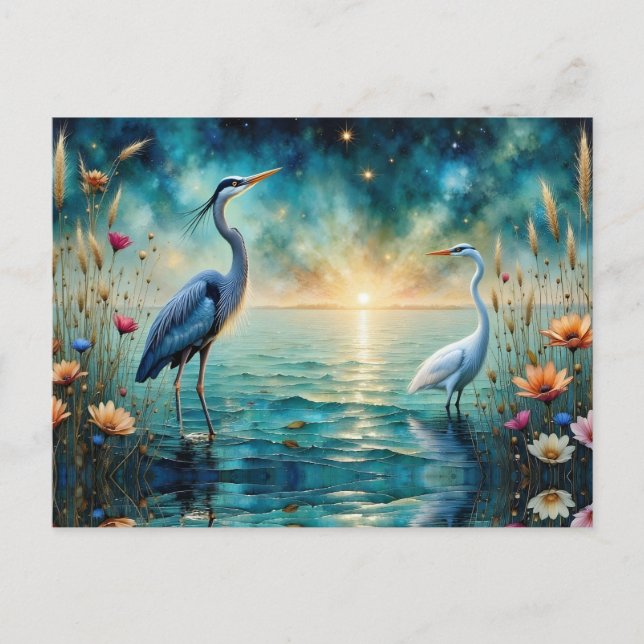 Cartão Postal Great blue Heron & Egret flowers in water (Frente)