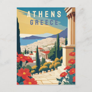 Cartão Postal Grécia-Arte Atenas com Flores Vermelhas