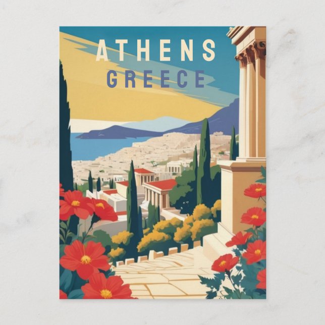Cartão Postal Grécia-Arte Atenas com Flores Vermelhas (Frente)