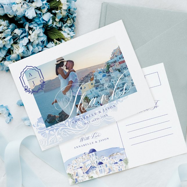 Cartão Postal Grécia Casamento Obrigado Escrevendo Foto Do Monog (Greece Wedding Thank You Script Monogram Photo Postcard)