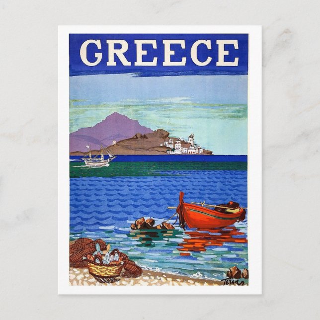 Cartão Postal Grécia, costa, barco de pesca na água, colheita (Frente)