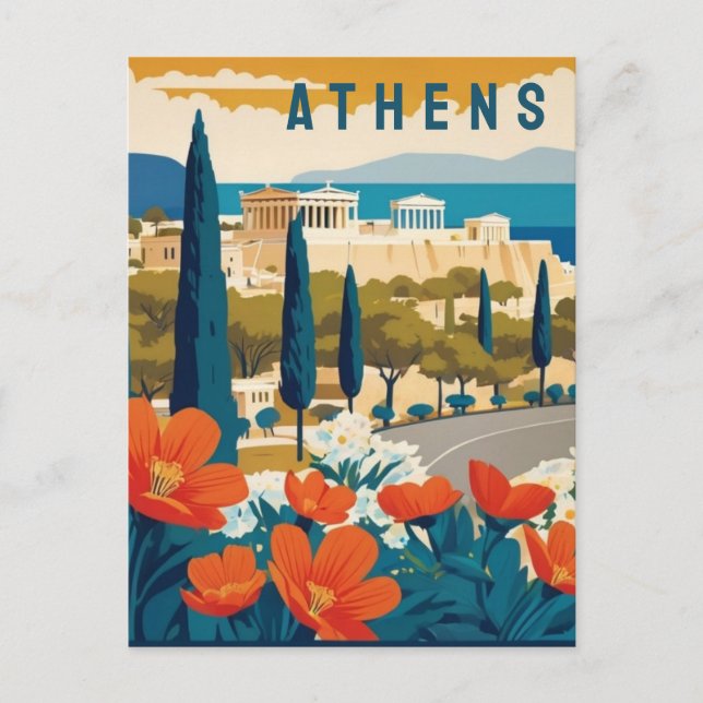 Cartão Postal Grécia de Atenas Acrópole Flores de primavera Viag (Frente)