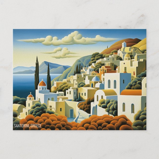 Cartão Postal Grécia de pintura de óleo da ilha Santorini | Arte (Frente)