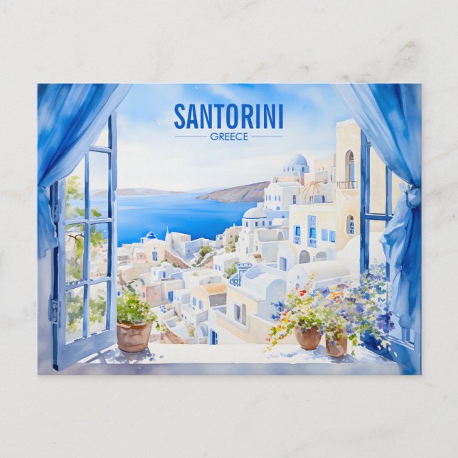 Cartão Postal Grécia de pintura por aquarela Santorini | Arte (Frente)