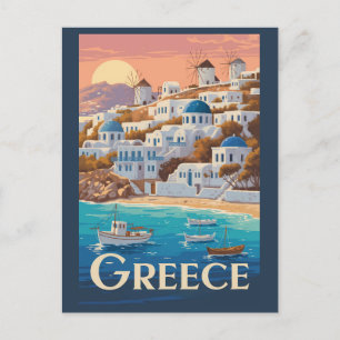 Cartão Postal Grécia Mykonos Illustration Viagem Art Vintage