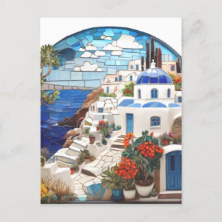 Cartão Postal Grécia Santorini, Faux Mosaic Arch, Vila Grega