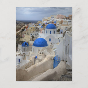 Cartão Postal Grécia, Santorini. Torre celular e cúpulas azuis