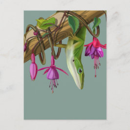 Cartão Postal Green anole with Fuchsias