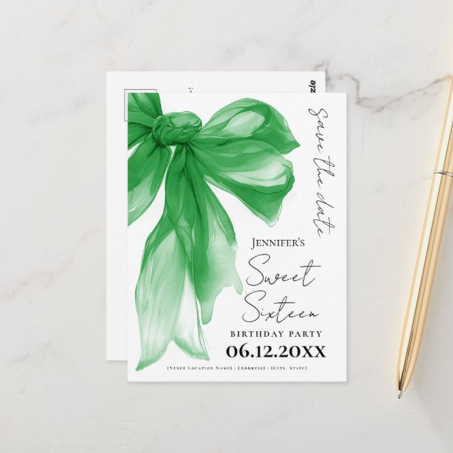 Cartão Postal Green Bow Coquette Sweet 16 Save the Date  (Frente/Verso In Situ)