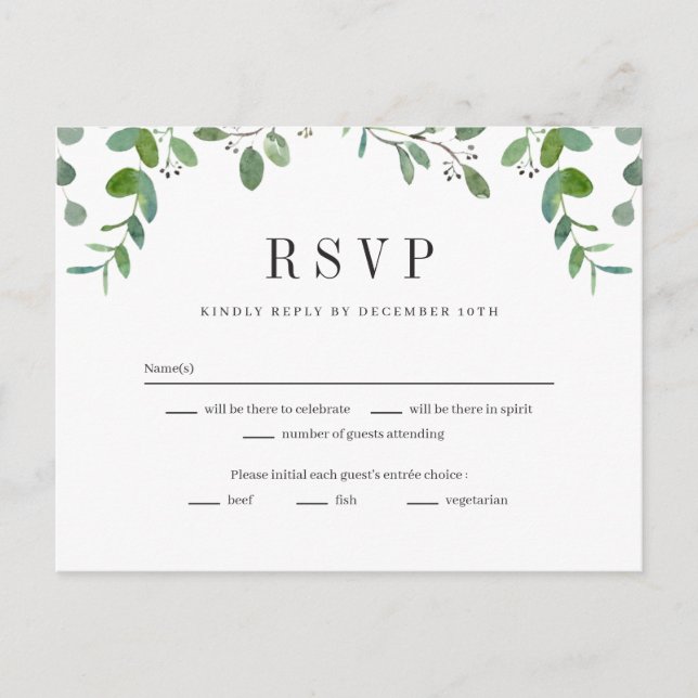 Cartão Postal Green Garland Greenery Casamento RSVP Resposta (Frente)