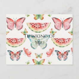 Cartão Postal Green Red Watermelon Blue Butterflies Birthday