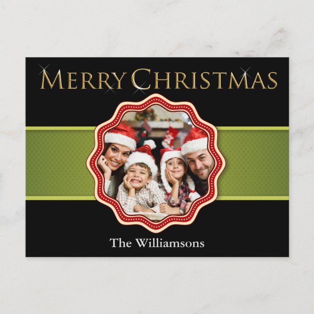 Cartão Postal Green Ribbon Christmas Medallion Photo Holiday (Frente)
