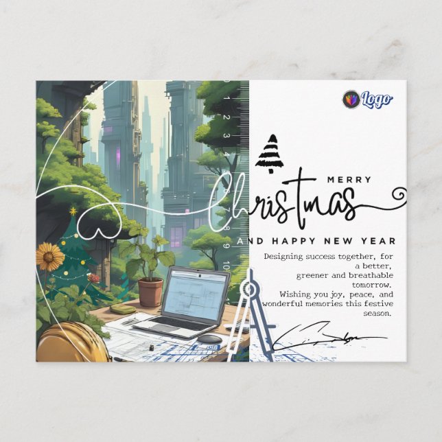 Cartão Postal Green Urban Architect Minimalist Christmas (Frente)