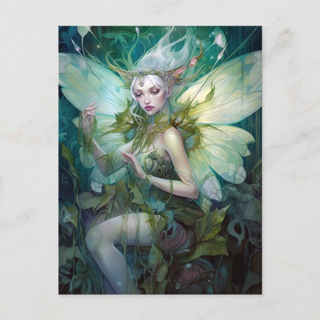 Cartão Postal Green Woodland Fairy Fantasy Art (Frente)