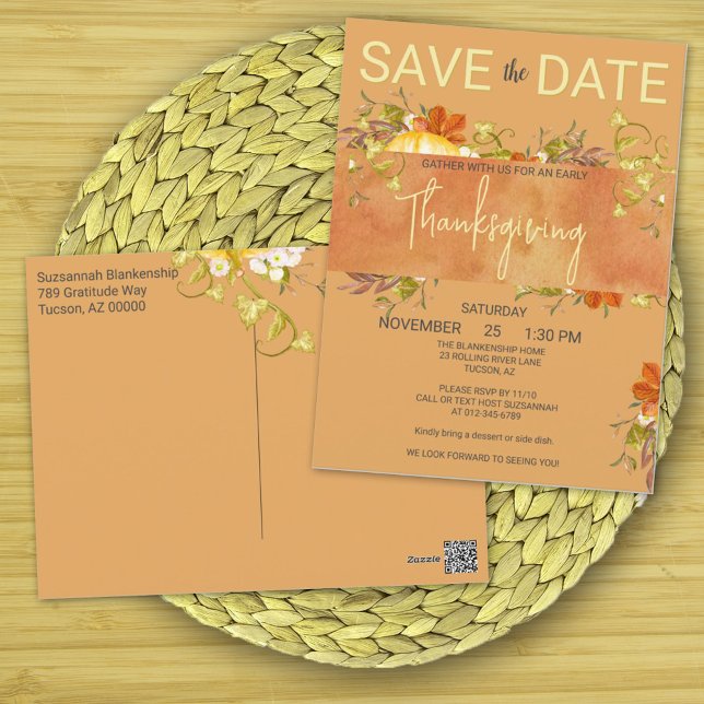 Cartão Postal Greenerescência Russa e Folhas de Aquarela de Ação (Make the Thanksgiving gathering announcement & invitation on one postcard that you personalize. )