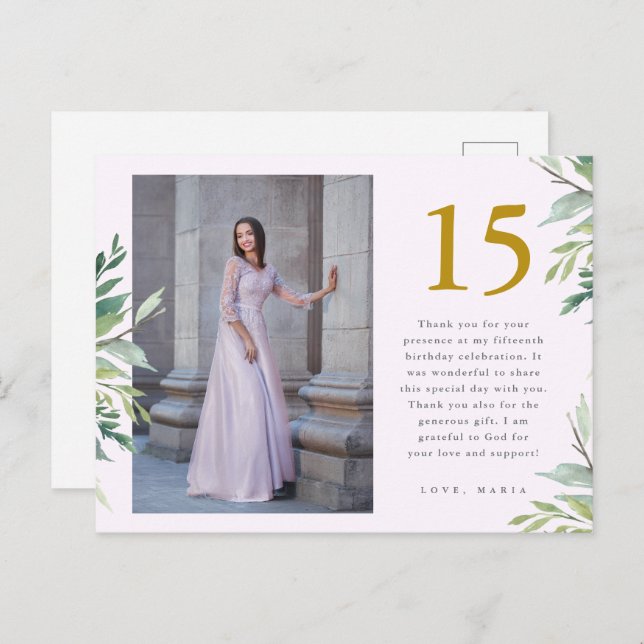 Cartão Postal Greenerescer Duas Foto Quinceanera Blush Obrigado (Frente/Verso)