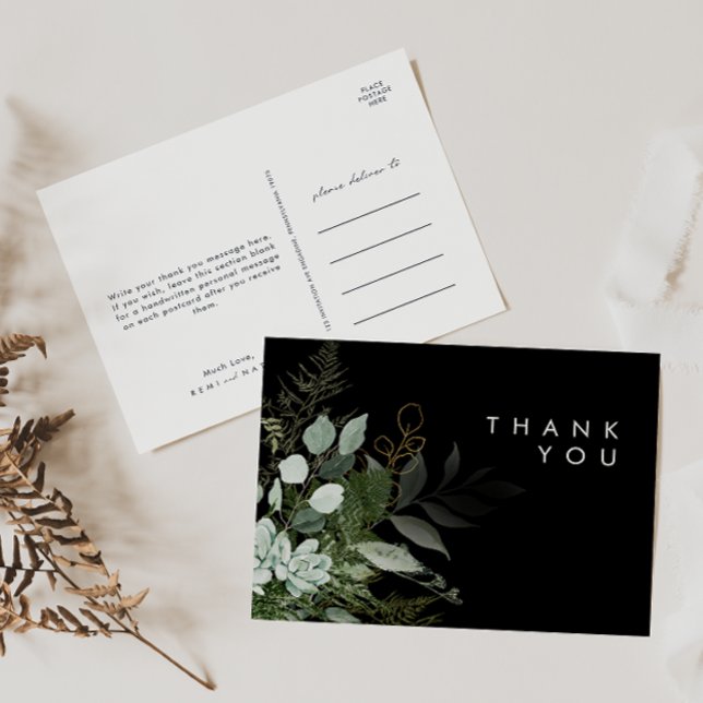 Cartão Postal Greenery and Gold Leaf Black Wedding Thank You (Criador carregado)